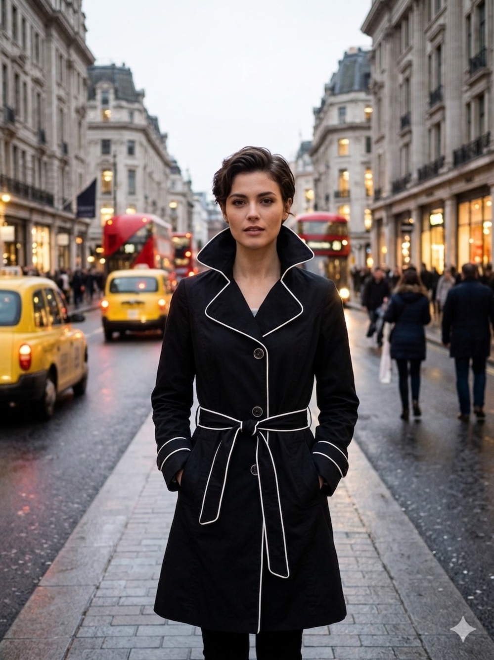 Dark Academia Tommy Hilfiger Black Trench Coat with White Piping